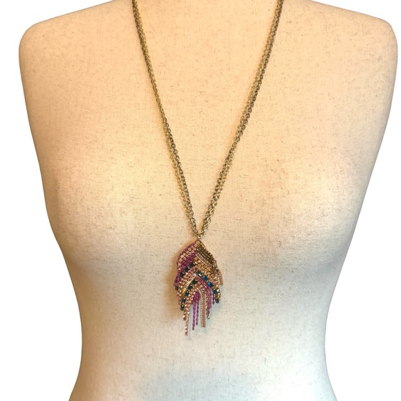 Natasha Couture Purple and Gold Beaded Feather Necklace:Earring Set, NWT - Picture 7 of 7